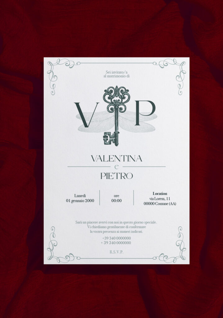 partecipazioni matrimonio vintage con chiave e ali di libellula