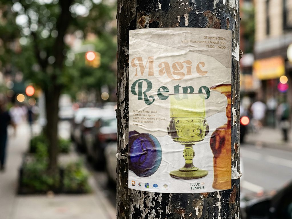 mockup Illud Tempus brand identity per professionisti, organizzazione eventi, poster, visual retro, vintage